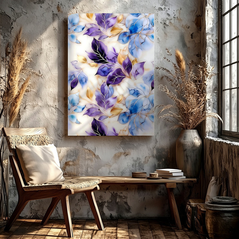 Abstrait floral, feuilles, bleu, mauve, or, botanique, impression sur toile, floral, botanique, abstrait, moderne, or, accent bleu, bleu