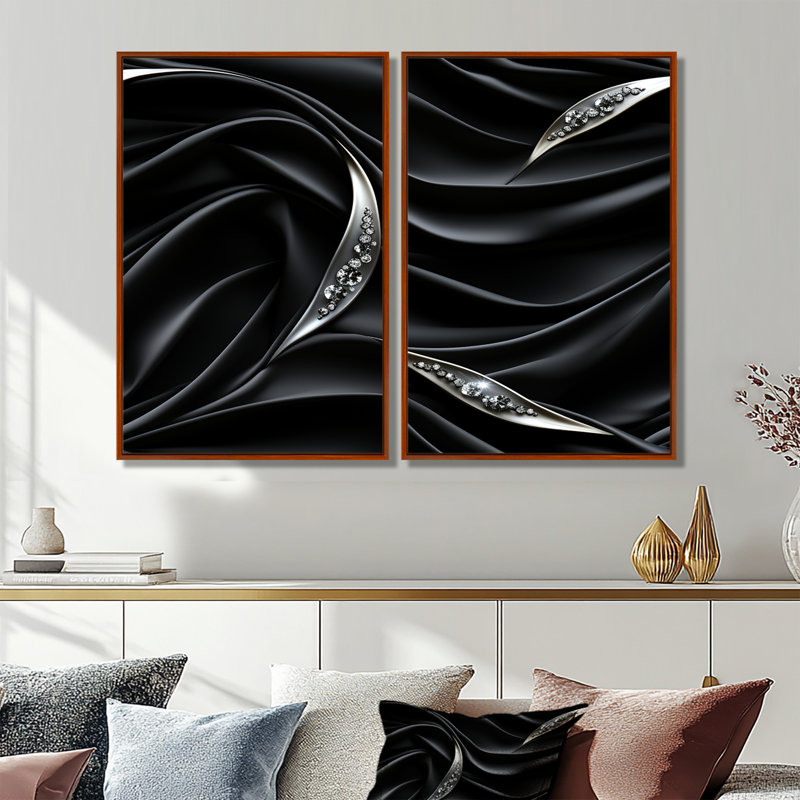 Noir profond, élégance argentée - art mural moderne doré, Brown, 36" H x 48" W, Impression encadrée flottante