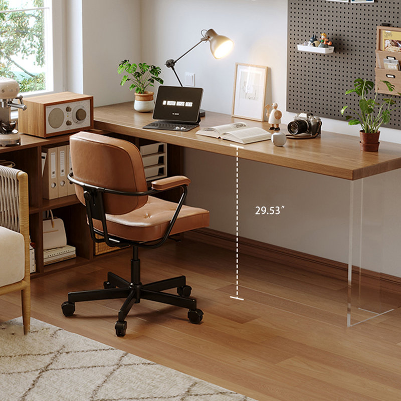 Bureau en bois massif en forme de L brun noyer + bureau en acrylique, H 29,53 po x l 70,87 po x P 55,12 po