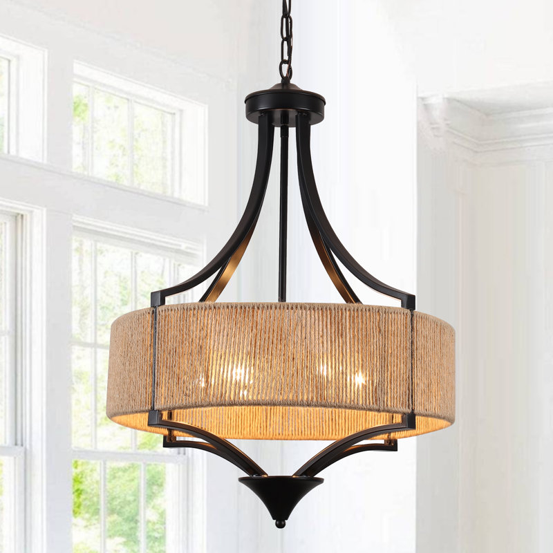 6-Light 19.68" Dimmable Boho Farmhouse Chandelier in Matte Black with Hand-Woven Wicker Rattan Shade for Dining Room Foyer