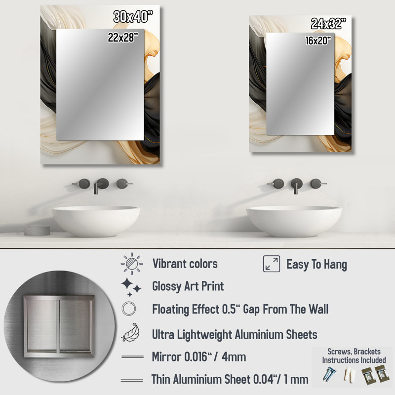 Gold And Black Soft Wave Fusion IV - Abstract Shapes Mirror, Modern Decorative Wall Mirror, Printed Metal Art, 32" x 24"