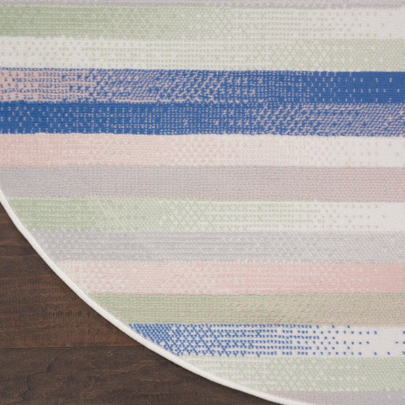 Bleu rayé/Ivoire/rose Tapis décoratif, Rond 5 pi