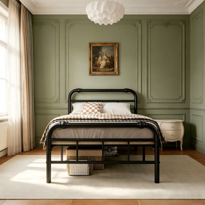 Structure de lit simple de 14 pouces avec tête et pied de lit de style victorien, lit plateforme avec lattes en métal, aucun sommier requis, rangement sous le lit, assemblage facile, noir