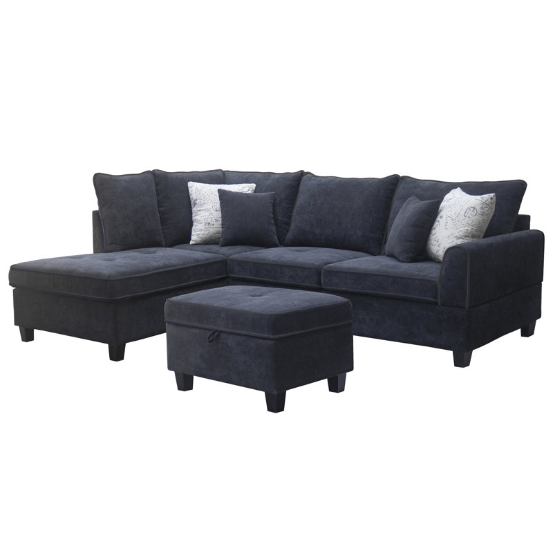 Gabriella 99.5"W Fabric Sectional Sofa With Left-Facing Chaise And Storage Ottoman, Black