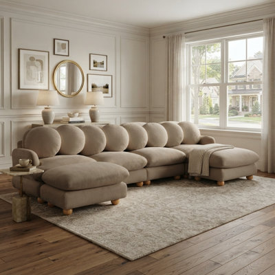 Ensemble de salon modulaire 6 pièces en chenille avec 2 poufs, 8 coussins ronds et pieds en bois massif, taupe chaud