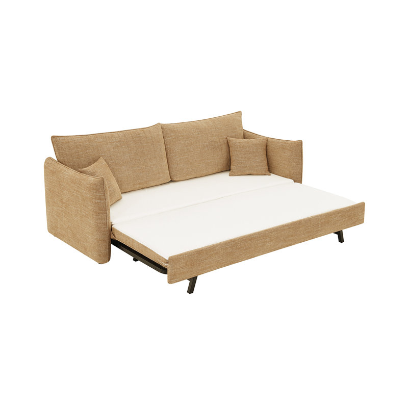 Canapé en tissu chenille texturé beige avec coussins décoratifs