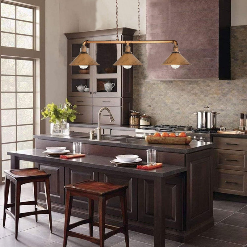 3 - Light Kitchen Island Pendant, Brushed Copper