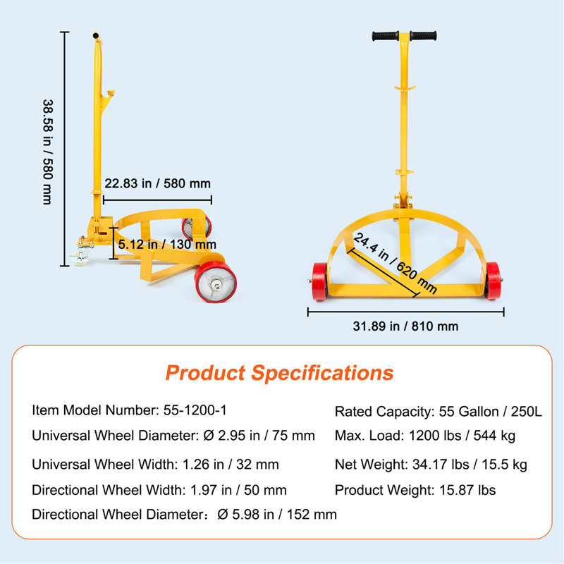 55 Gallon Drum Dolly, 1200 lbs Load Capacity, Barrel Dolly Cart Drum Caddy Round Dolly Steel Low Profile, Heavy Duty Steel Frame with Adjustable Handle 3 Wheels, for Workshop Factory Warehouse