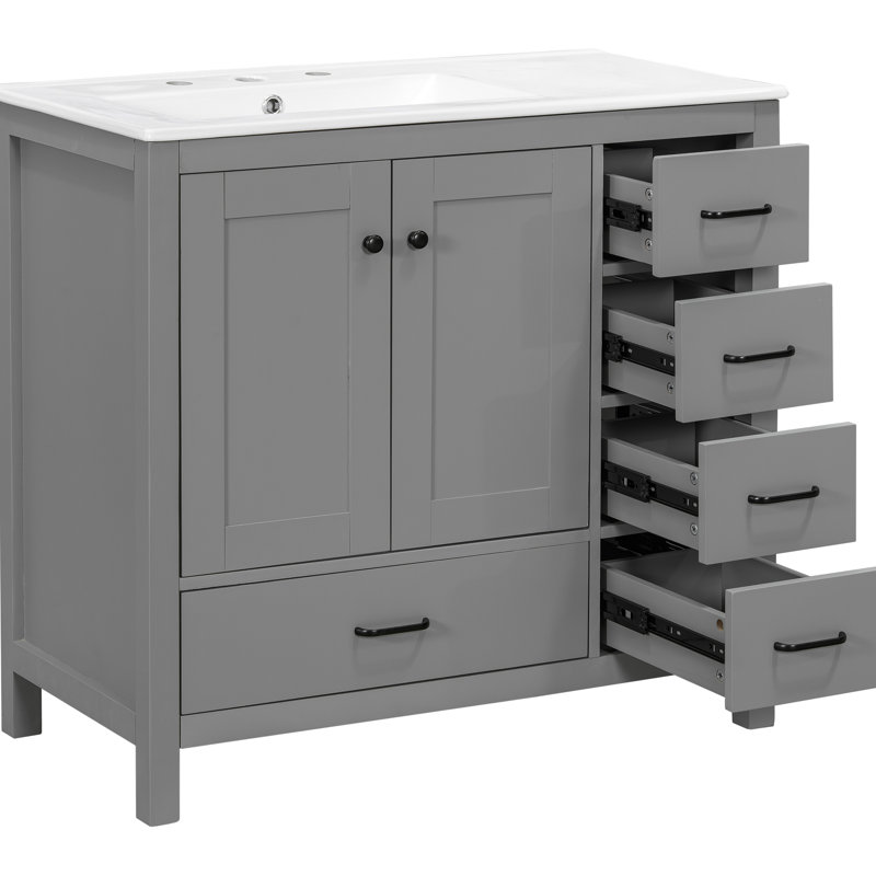 Meuble-lavabo gris 36 po avec lavabo en céramique, 2 portes d'armoire à fermeture en douceur, 5 tiroirs spacieux, salle de bain et lavabo pratiques de 36 po, espace de comptoir