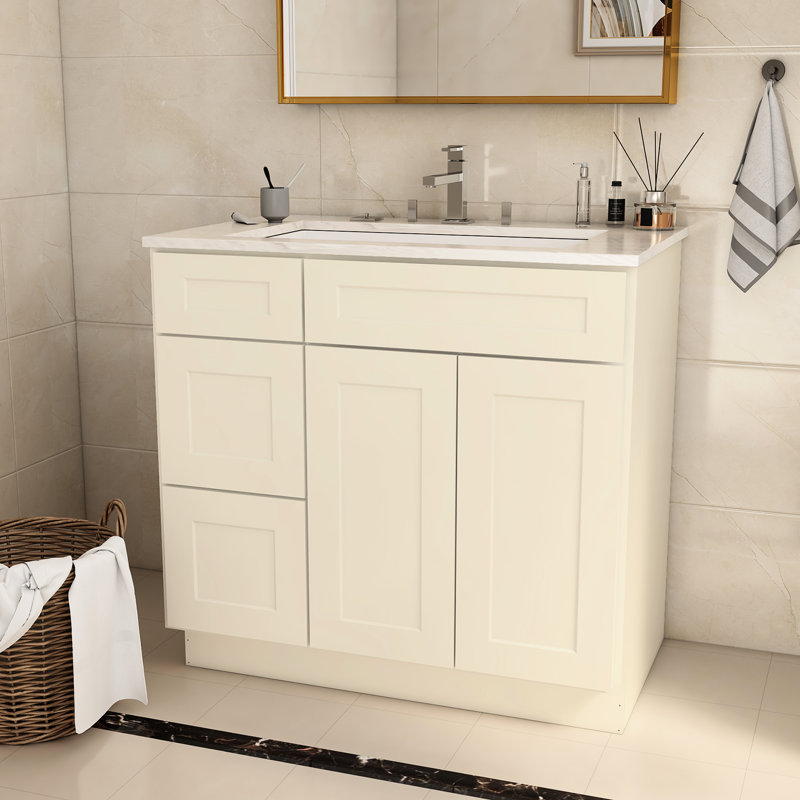 Base de meuble-lavabo de plancher en contreplaqué blanc antique pour salle de bain. 36 po x 21 po x 34,5 po. Fabriqué avec du contreplaqué. Portes d'armoire à fermeture en douceur. Protégé. Facile à nettoyer. Espaces de cuisine polyvalents pour la salle de bain: l 36 po x P 21 po