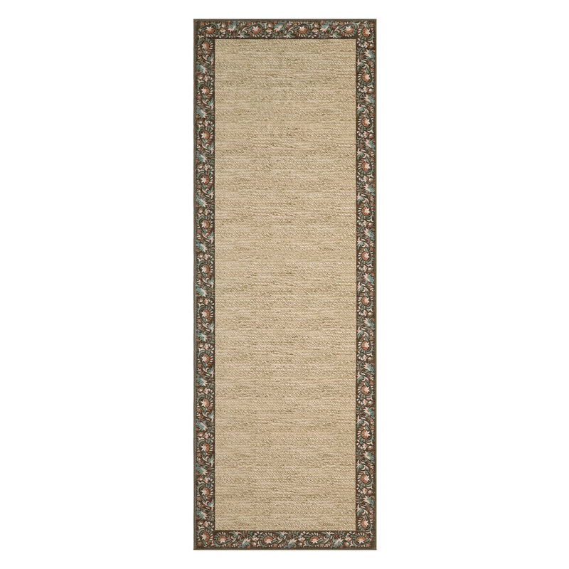 Floral Bordered Machine Washable Rug with Non-Slip Backing Non-Shedding Foldable Soft Low Pile Indoor Carpet, Runner 2' x 6'