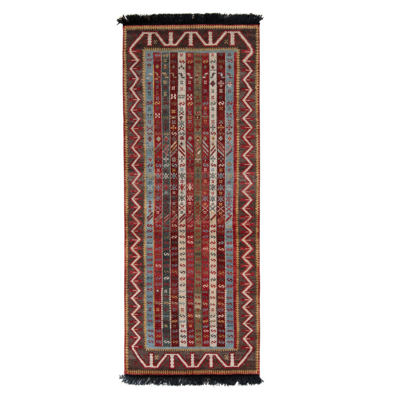Rug & Kilim’s Tribal Runner In Red And Blue Stripes And Geometric Patterns, Runner 3' x 10'
