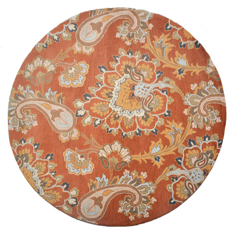 Bice Hand Tufted Wool Eco-Friendly Area Rugs - Round, Orange Color, Floral Modern Design, High Pile Thick Handmade Anti Skid Area Rugs for Living Room, Bed Room