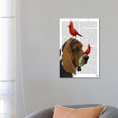 Basset Hound & Birds, Print BG by Fab Funky - Wrapped Canvas Painting