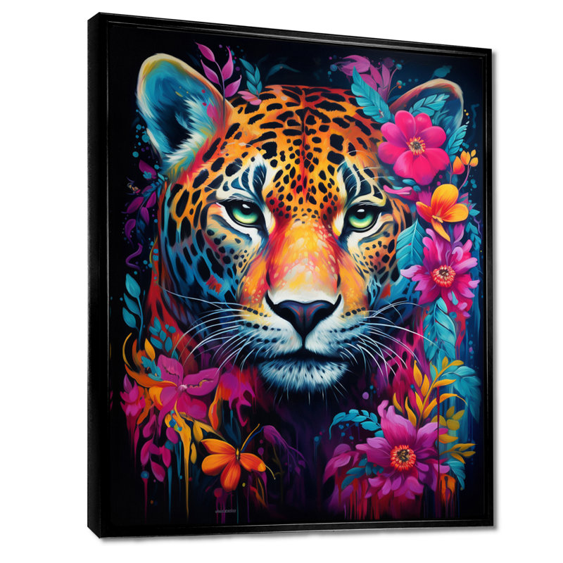 Portrait de tigre avec fleur fuchsia en fleur, H 20 po x l 12 po x P 1 po, Toile avec cadre flottant noir