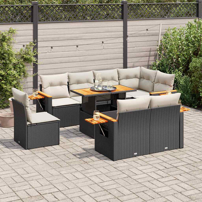 Ensemble de canapé de jardin Vidaxl, rotin poly noir, bois d'acacia, acier thermolaqué