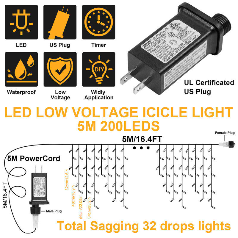 32.8FT 400LEDs Icicle String Light with 16.4FT Lead Wire Low Voltage, 196.85", 200