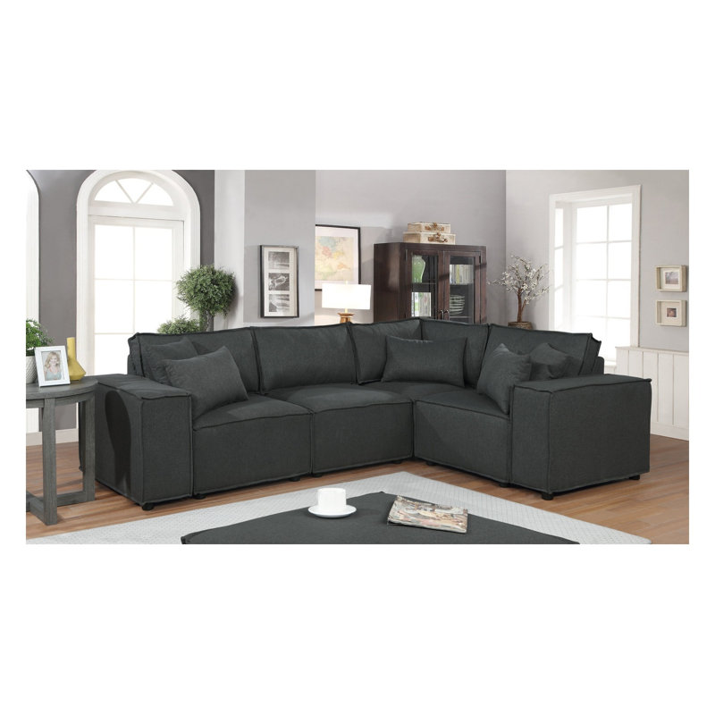 Canapé d'angle modulaire Melrose 99 po avec pouf en lin gris foncé - Canapé 3 places reconfigurable avec ressorts ensachés et 5 coussins décoratifs