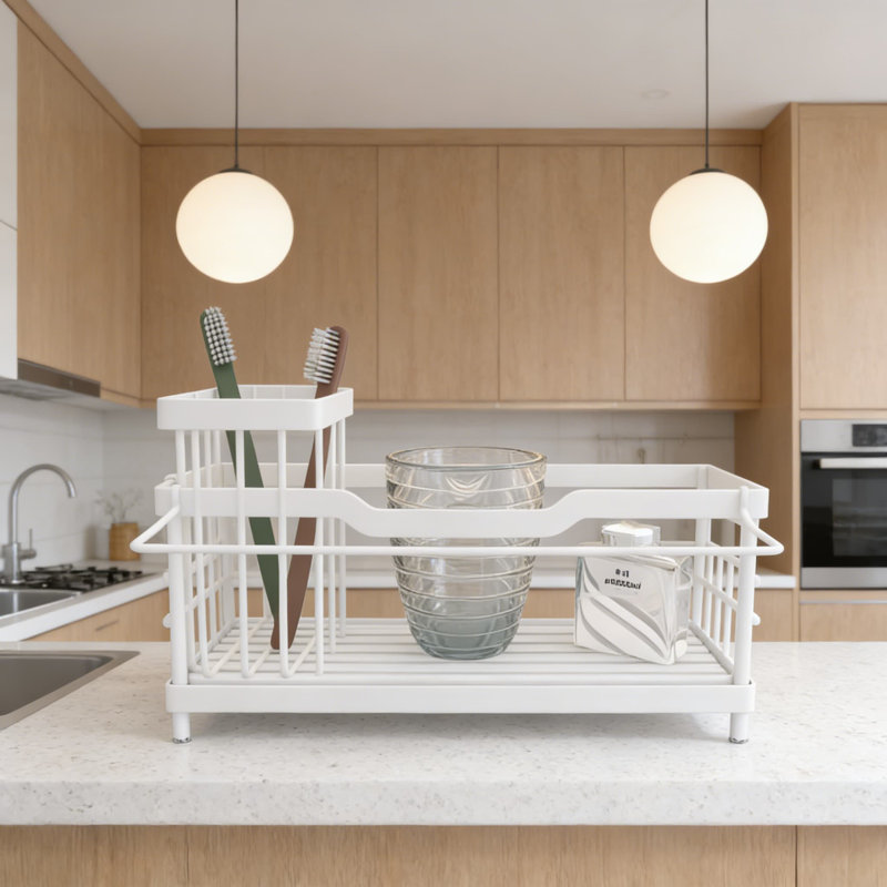 Organisateur de bac d'évier avec plateau de séchage, organisateur de comptoir de cuisine et de salle de bain polyvalent pour éponge, savon, brosse et serviette, support en acier inoxydable peu encombrant