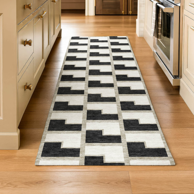 Premium Machine Washable Mayfield AMF2416 Geometric Rug, 2'3" x 7'6" Runner, Black