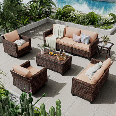 7 Person Sofa Set 6 Piece Outdoor Wicker Sofa With Swivel Rocking Chairs