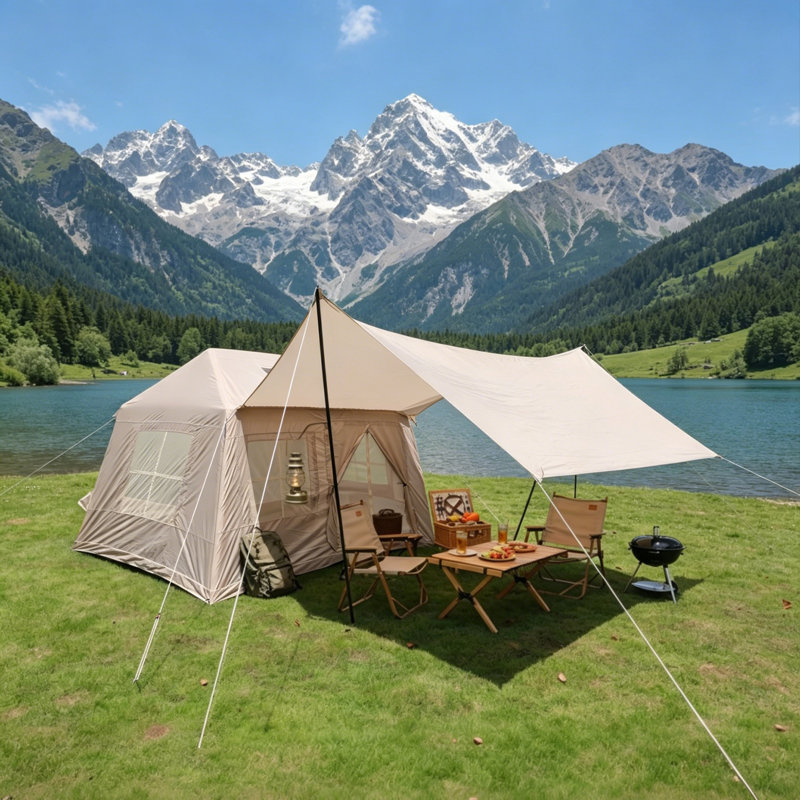 Tente de camping gonflable 4 saisons Oxford 7 pi x 8 pi Beige Oxford avec vérin, fenêtres en filet et pompe