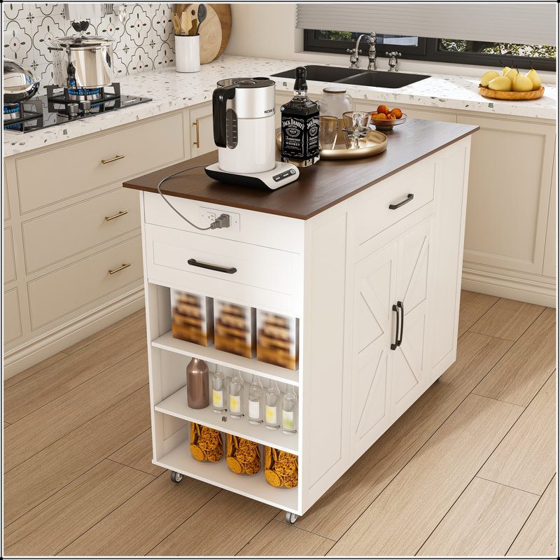 46" Kitchen Island on Wheels with Storage & Power Outlet – White