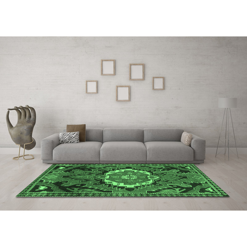 Tapis lavables à la machine traditionnel vert émeraude 3786, Rond 5 pi