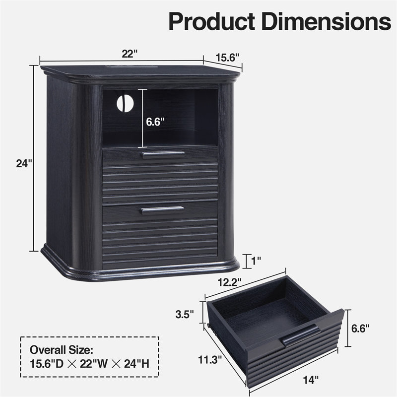 Table de chevet cannelée 22 po avec station de charge, Grain de bois noir