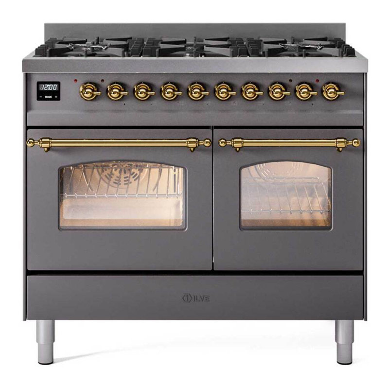 ILVE Nostalgie II Series 40 inch Dual Fuel Range with 6 Black Brass Burners (Limited Edition) (Glass Door), Graphite Matte