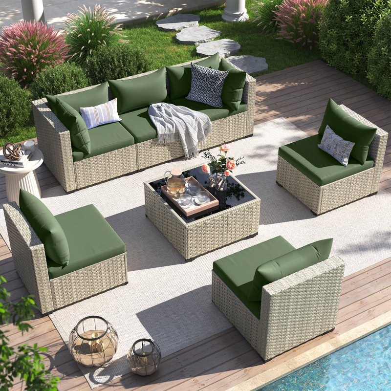 7 Pieces Rattan Patio Conversation Sets With Cushions, Green
