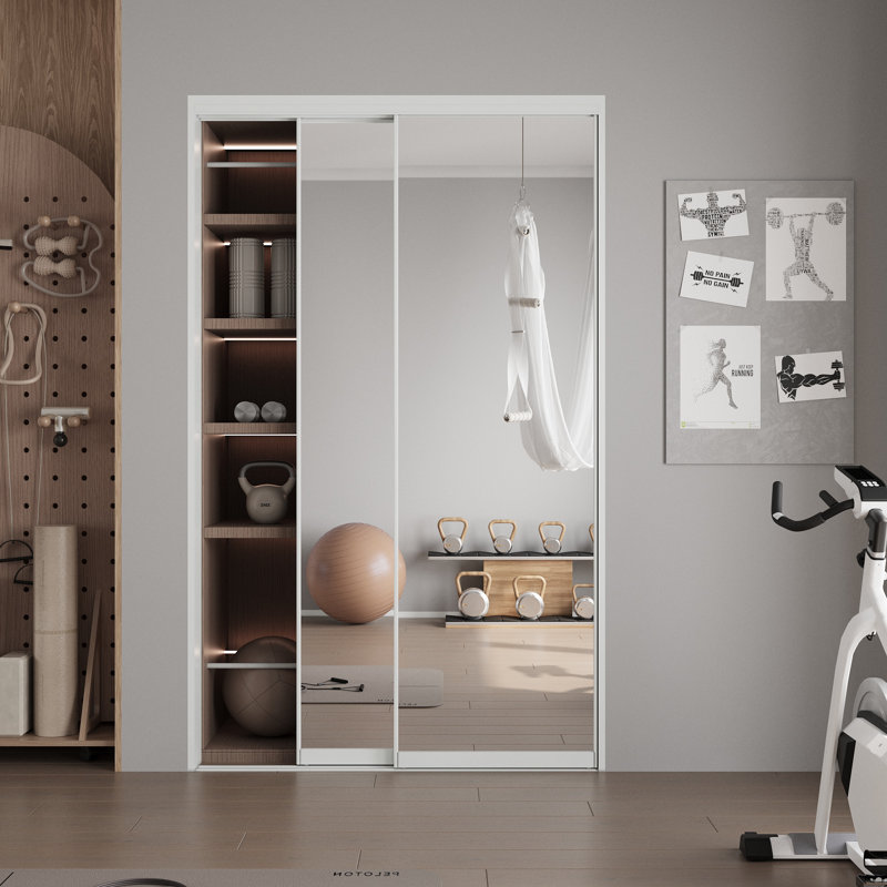 80"H Aluminum Frame 1 Lite Tempered Mirrored Sliding Closet Doors with Installation Hardware Kit, 48" x 80"