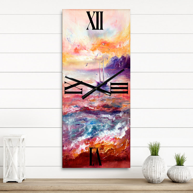 Horloge murale bateau sur l'océan pendant un coucher de soleil vibrant, Grand
