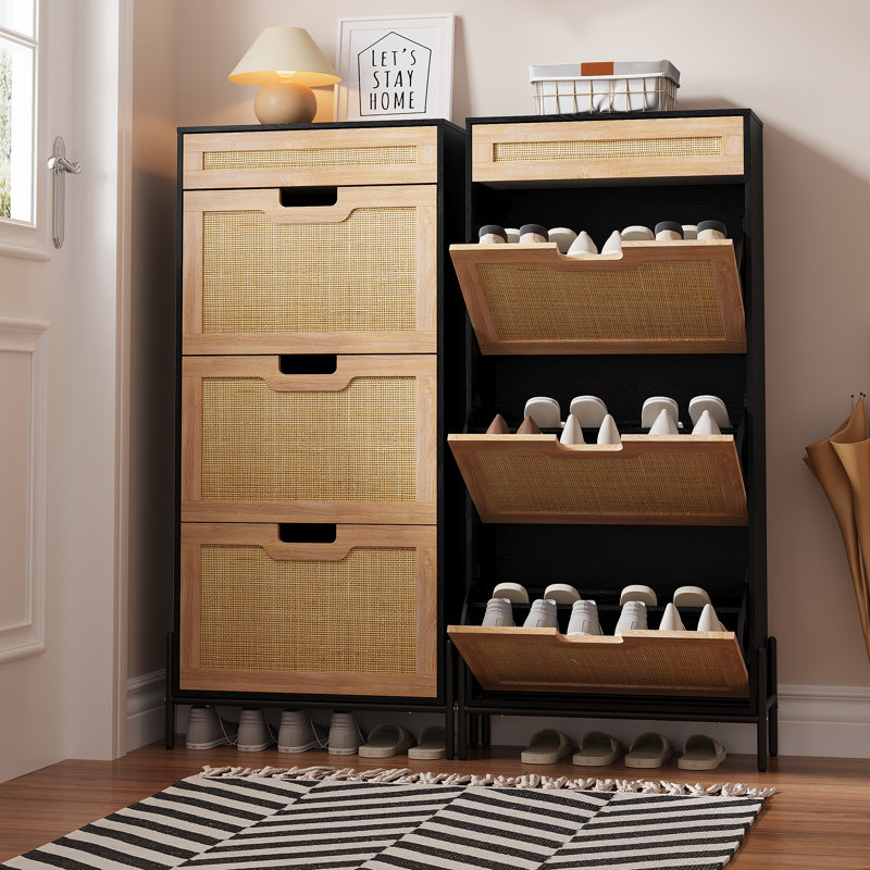 Armoire à chaussures étroite à 6 tiroirs en rotin à l'avant, console de rangement pour chaussures à profondeur cachée avec pieds surélevés en métal, range-chaussures minimaliste Farmhouse pour vestibule de porte d'entrée