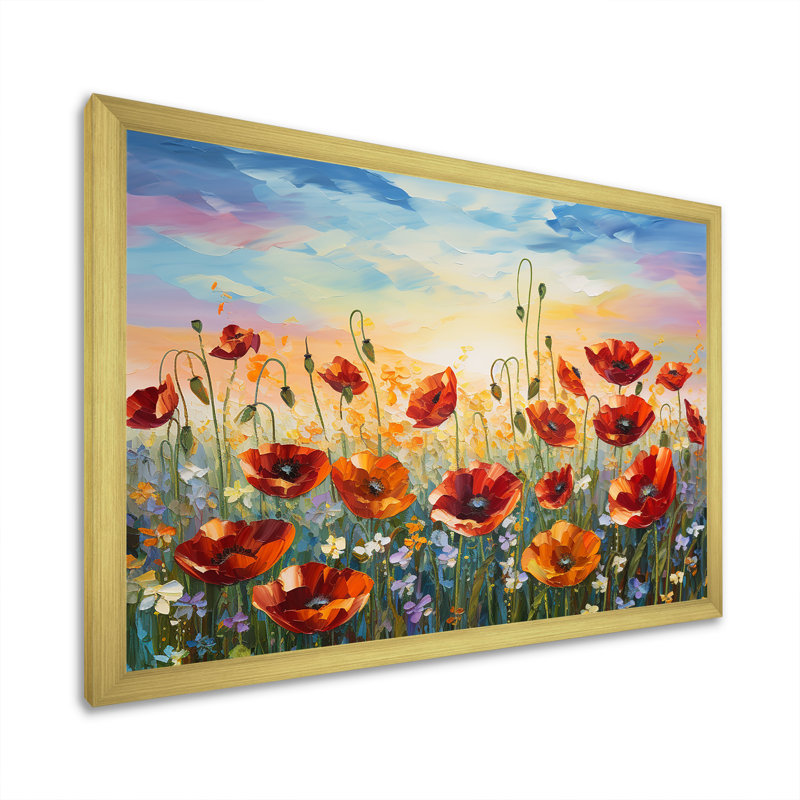 Coquelicots rouges en fleurs - impression, Cadre doré simple, H 16 po x l 32 po x P 1 po