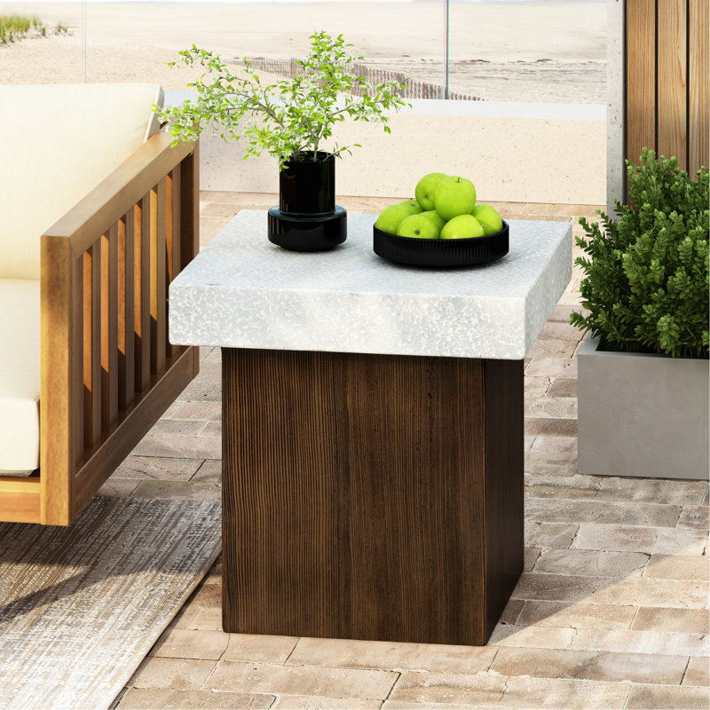 Table d'appoint, de forme carrée, blanc antique et naturel, résistant aux intempéries
