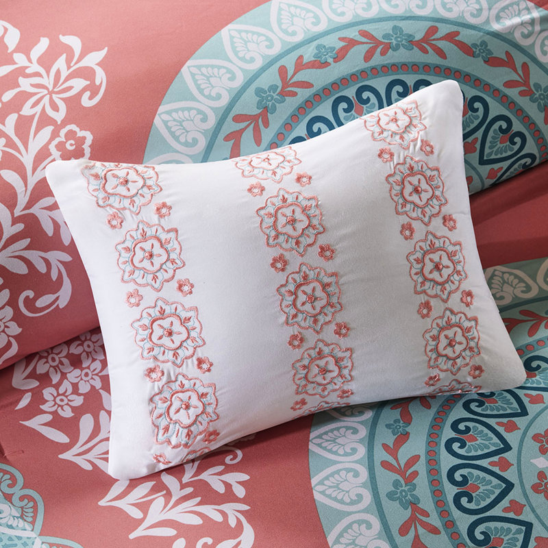 Twin Bedding - Coral Medallion Print Comforter With Sheets, Embroidered Shams, Filling, Machine Washable And , Elegant Bedroom Vibe