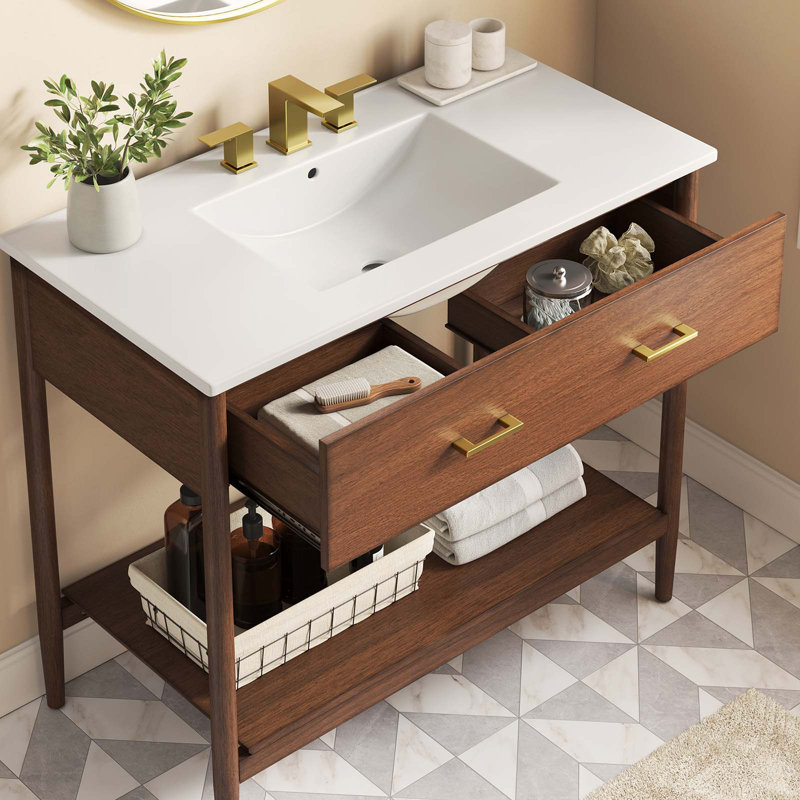 Modway Zaire 36'' Single Bathroom Vanity with Ceramic Top, Walnut, White