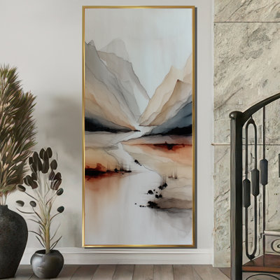 «Watercolor River Drift Mountains», reproduction d'art sur toile encadrée, paysage orange