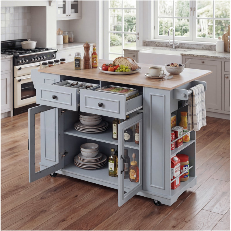 54" Mobile Kitchen Island with Glass Door Storage, Power Outlet & Open Shelves, Rolling Kitchen Cart with Towel Rack, Spice Rack & Knife Holder, Functional Kitchen Prep Table for Kitchen, Dining