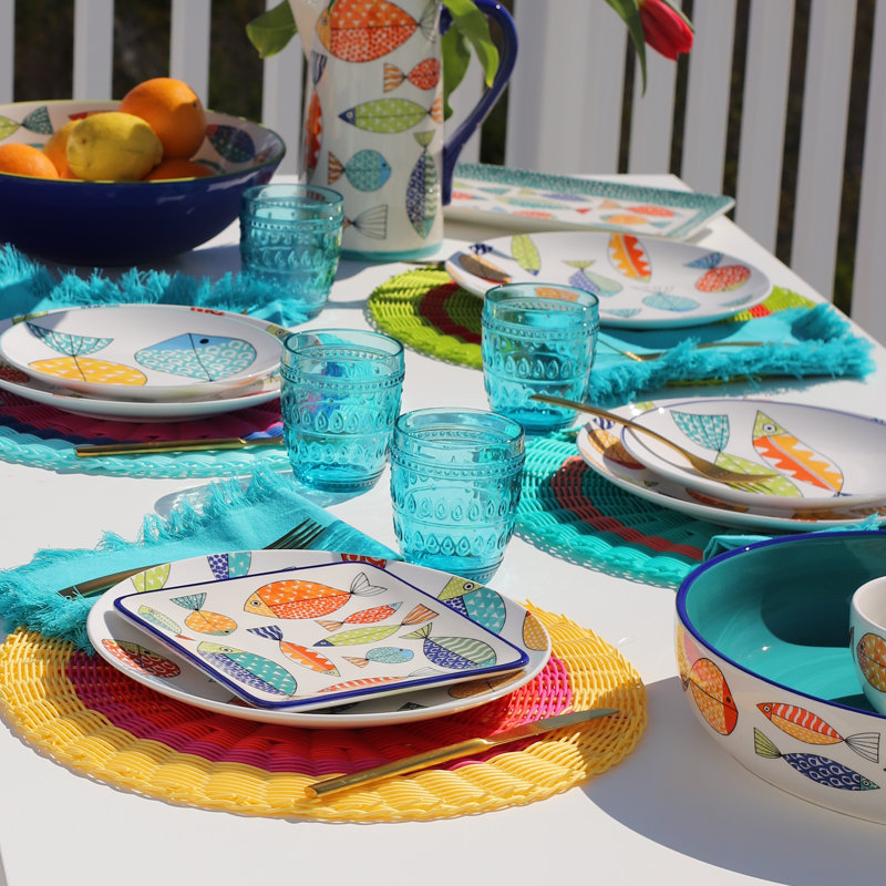 Colorful Fish Pattern Ceramic Square Appetizer Plates Set of 4