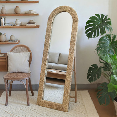 Handwoven Grass Frame Arched Full Length Mirror for Living Room Bedroom, Standing or Wall Mount