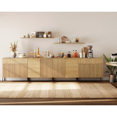 126" Modern Reeded 8-Door Sideboard With Drawers, 4-In-1 Wooden Credenza Storage Cabinet For Kitchen, Dining Room