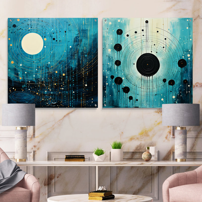 Bleu noir abstrait minimalisme lignes rondes I - Minimalisme acrylique ensemble d'art mural en verre, H 16 po x l 33 po