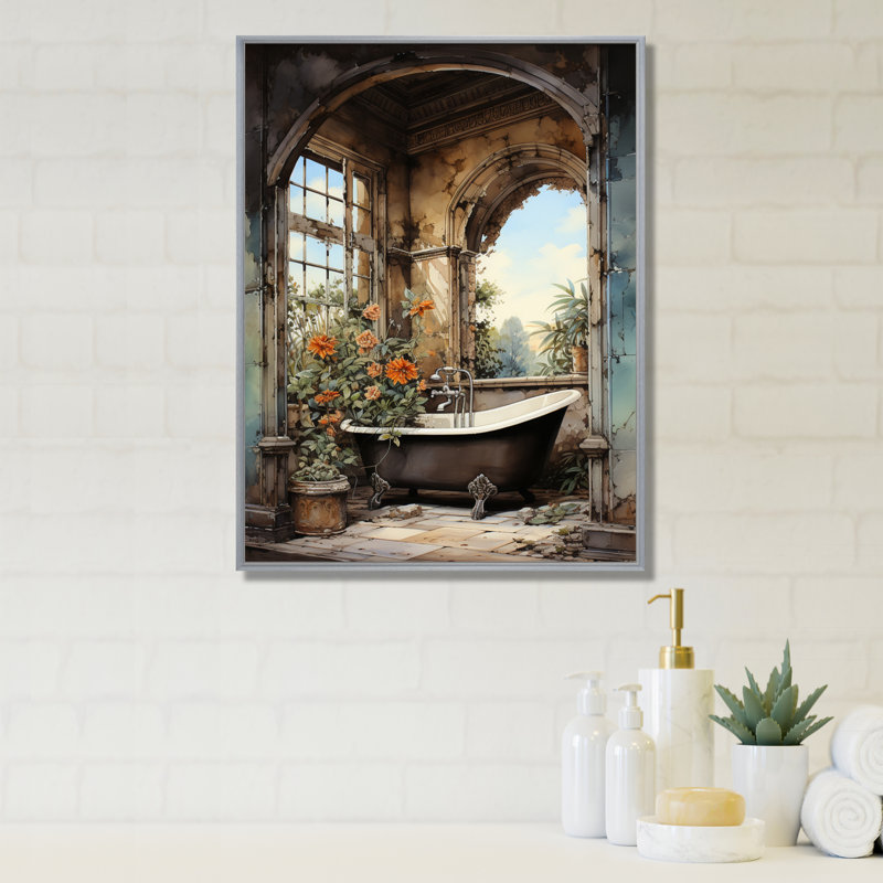 «Ceili Bathroom Vintage Tiles IV - Art mural de salle de bain», H 44 po x l 34 po, Encadrement argenté