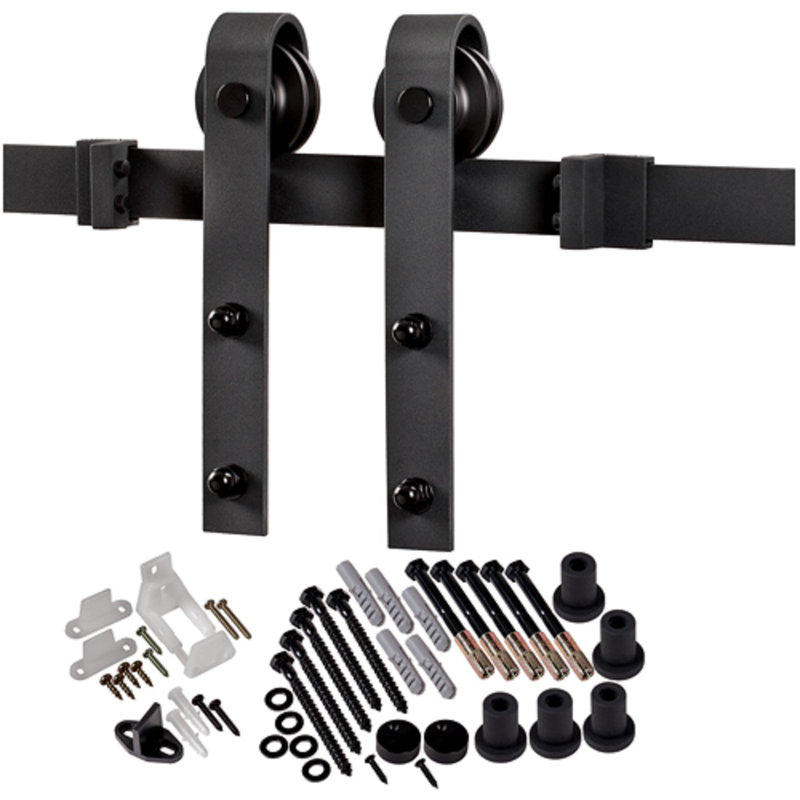 Primed White Solid Core Paneled Barn Door Kit with Black Hardware