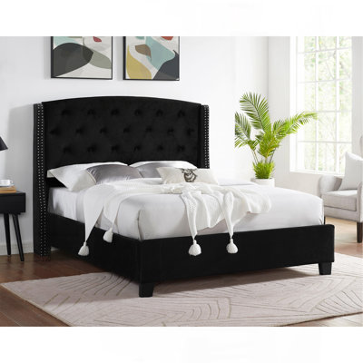 1Pc King Size Upholstered Panel Bed Wing Back Headboard Button Tufted Nail Head Trim Black Wood Fabric Bedroom Furniture