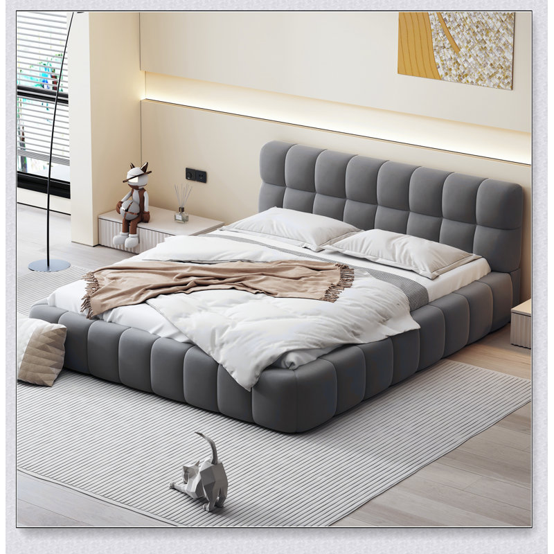 Lit plateforme tapissier avec tissu épais, lit au sol avec structure solide, Gris