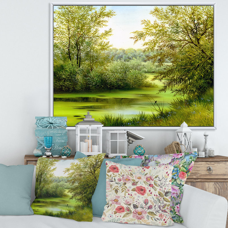 Étang vert avec arbres printaniers - Peinture sur toile, H 12 po x l 20 po x p 1 po, Cadre flottant blanc