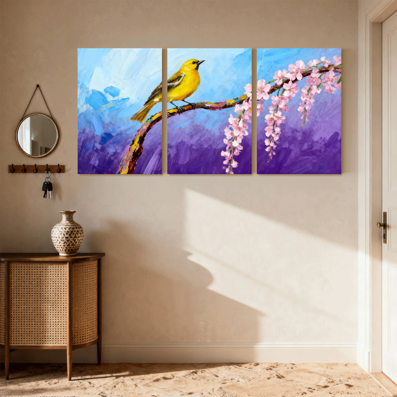 Oiseaux oiseaux jaunes perchés sur une branche de fleur, ensemble de 3 impressions sur toile, H 36 po x l 72 po